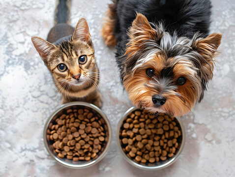 a cat and dog are eating food from a bowl of dog food.