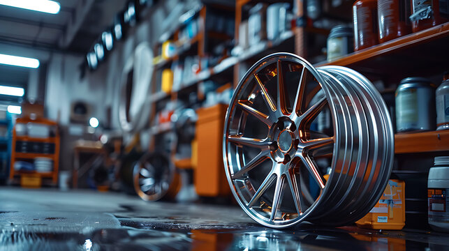 Industrial excellence: Detailed black aerograph painting on alloy wheel with expert tools