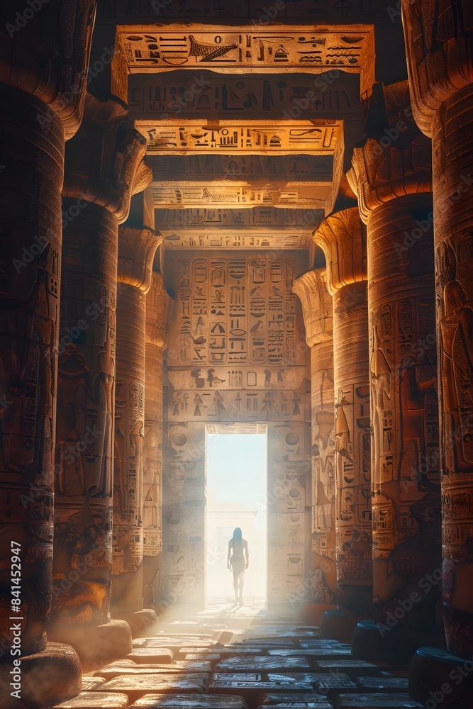 Canvas Prints Solitary Explorer Navigates Majestic Ancient Temple with Intricate Stone Carvings and Shafts of Light