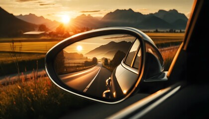 A car mirror reflecting a beautiful sunset over a winding road, with mountains in the distance, capturing a perfect travel moment.