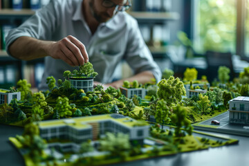 A focused architect carefully adjusts a miniature tree on a scale model of a green city, showcasing a commitment to sustainable design and urban planning