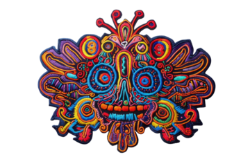Vibrant abstract tribal art with intricate patterns and vivid colors, showcasing a unique cultural mask design in neon style.