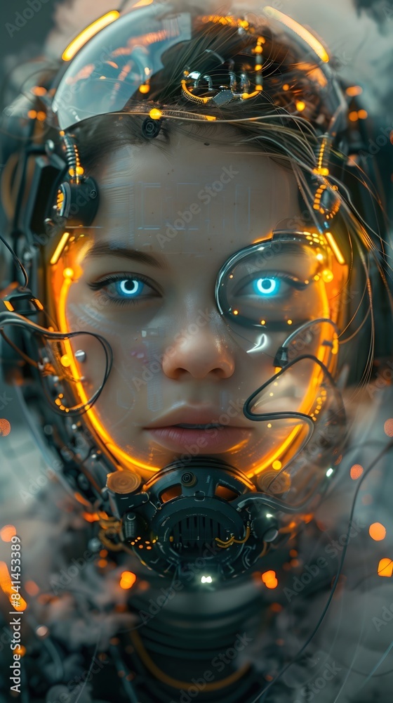 Sticker striking neon cyberhuman portrait with luminescent led eyes and swirling artificial complexion