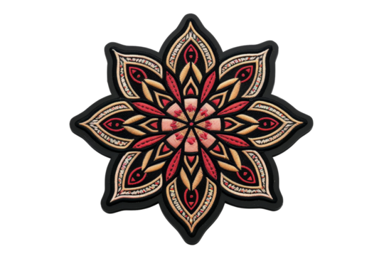 Intricate mandala design with a blend of red and gold colors on a black background, perfect for art and meditation themes.