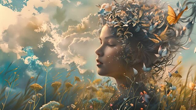 A painting depicting a woman with a butterfly resting on her head.