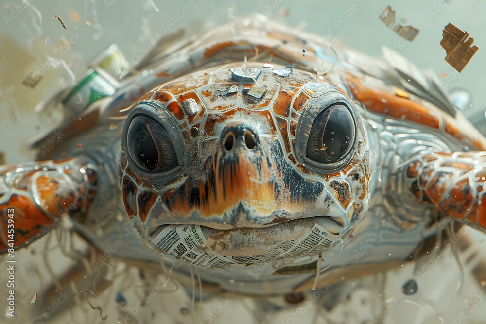 Canvas Prints surreal close-up of transparent porcelain sea creature with embedded waste materials on plain beige 