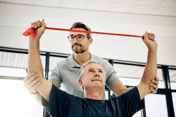Help, physiotherapy and old man with resistance band, stretching and senior care rehabilitation....