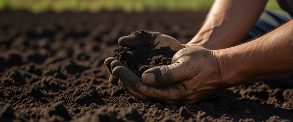 Fototapeta premium Hands of farmer showing black soil in agricultural field. Farmer holding in hands fresh fertile soil before sowing