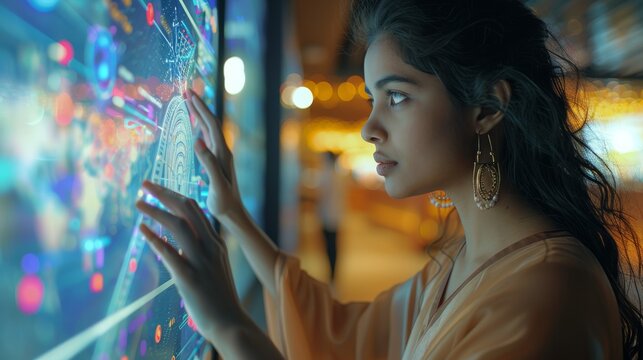 India business analysis, an Indian business woman accessing big touch screen. Generative AI.
