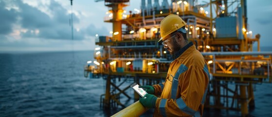 Engineer Examining Real-Time Data on Tablet, Close-Up with Oil Rig Operations Backdrop