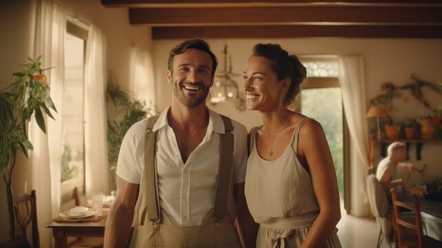 A cozy snapshot of a couple sharing a warm moment at a home gathering, with guests enjoying in the background.