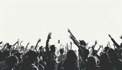 A vibrant crowd at a concert raising their hands in excitement against a white background. Black and white image capturing the energy and joy.