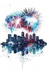 Obraz premium Colorful fireworks display over city skyline with a watercolor effect, perfect for celebrations, events, and festive occasions.