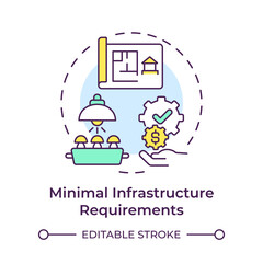 Minimal infrastructure requirement multi color concept icon. Mushroom farming benefit. Farming equipment. Round shape line illustration. Abstract idea. Graphic design. Easy to use in article