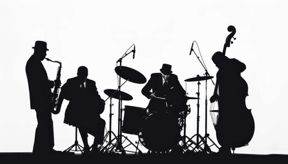 Silhouette of a jazz band performing live with saxophone, drums, double bass, and trumpet. Captures the essence of live music and jazz performance.