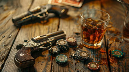 A nostalgic Western poker game setting with a vintage pistol, poker chips, and a glass of whiskey. Ai generated