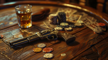 A nostalgic Western poker game setting with a vintage pistol, poker chips, and a glass of whiskey. Ai generated