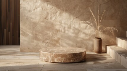 A podium made from smooth sandstone, showcasing the natural textures and warm hues, ideal for presenting handcrafted pottery or organic beauty products. 