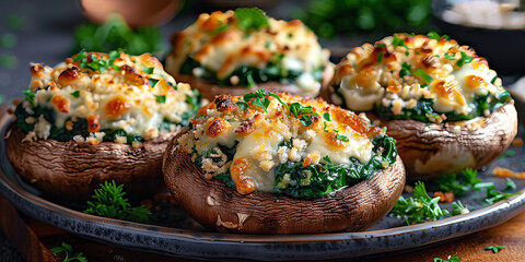 Button mushrooms filled with a mixture of spinach, breadcrumbs, Parmesan cheese, and herbs, then baked until golden and bubbly.