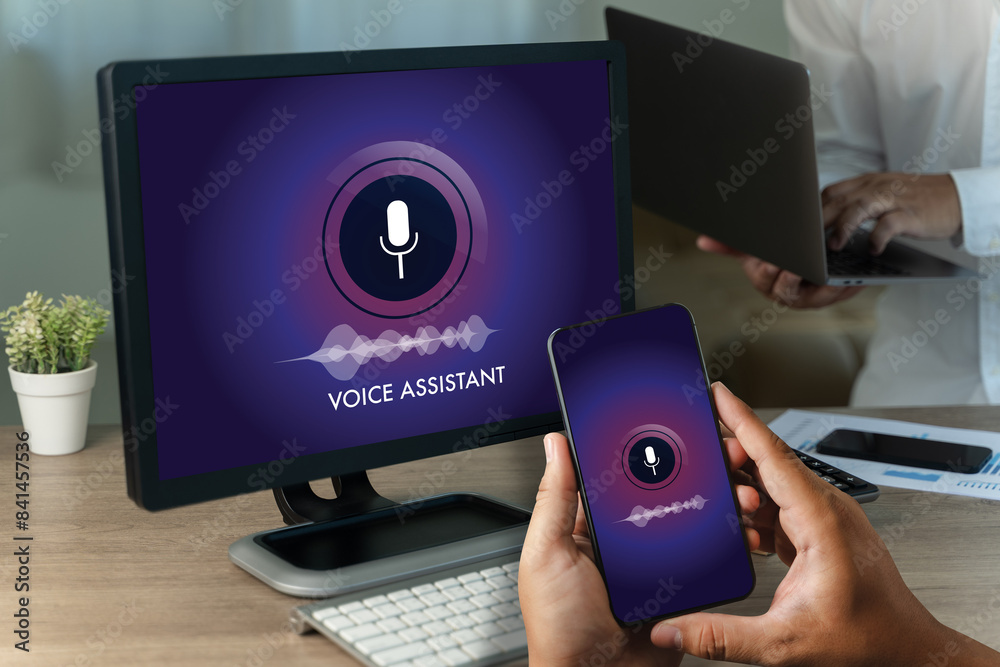 Poster ai voice assistant man talking with digital assistant on computer uses easy voice messaging voice se