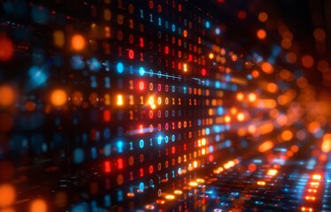 Abstract Futuristic Digital Data Stream with Binary Code Light Effects for Cybersecurity and Technology Concepts