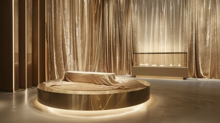  A podium wrapped in luxurious fabric, such as silk or velvet, adding a touch of softness and elegance to the display of fine jewelry or delicate textiles.