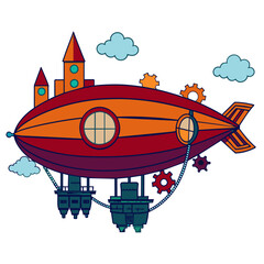 steampunk airship flying over a Victorian-era city, with gears, cogs, and steam elements integrated into the design.

