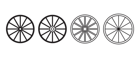 Wheel wagon vector set of icon. black collection wooden cartwheel wagon, Wooden wheel black vector set on white background. © Charles stockio
