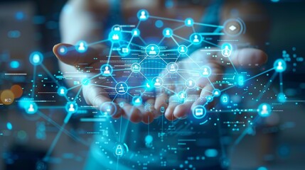 Hands holding a digital network with interconnected lines and icons representing communication, technology, and data transfer.