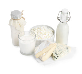 Different fresh dairy products isolated on white
