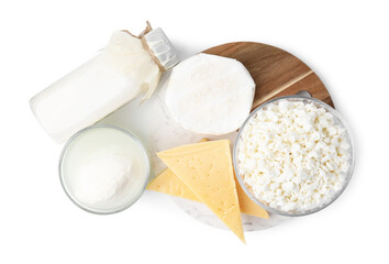 Different fresh dairy products isolated on white, top view