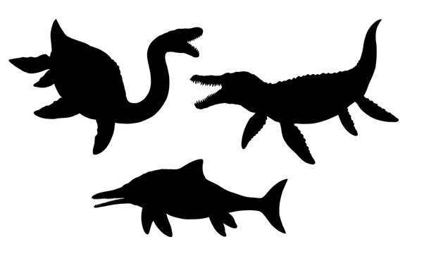 Black silhouette of predatory aquatic dinosaurs: Plesiosaur, Ichthyosaur and Kronosaurus. Extinct prehistoric reptiles from the Jurassic period.