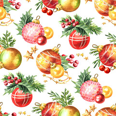 Christmas Festive seamless pattern. Hand drawn watercolor illustration isolated on white background