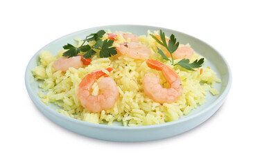 Delicious risotto with shrimps and parsley isolated on white