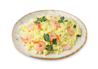 Delicious risotto with shrimps, lime and parsley isolated on white