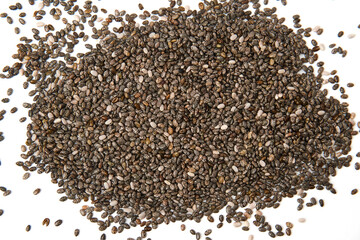 Top view of Chia seeds scattered isolated on a white background. Chia Seed is a small grain. will swell when soaked in water. many nutrients Contains omega-3, protein, fiber and vitamin.