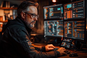 Fototapeta premium Man at computer workstation with monitors