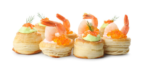 Different delicious puff pastry snacks isolated on white