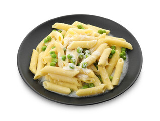 Delicious pasta with green peas and creamy sauce isolated on white
