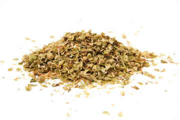 Pile of Oregano isolated on white background. Oregano is a common garnish for pizzas, sauces, vegetable and meat dishes. Has a strong fragrance.