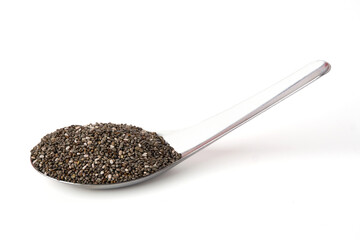 Chia Seed on spoon isolated on white background. Chia Seed is a small grain. will swell when soaked in water. high energy. many nutrients Contains omega-3, protein, fiber,  antioxidants and vitamin.