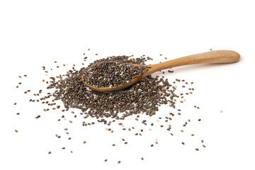 Chia Seed on spoon and scattered isolated on white background. Chia Seed is a small grain. will...