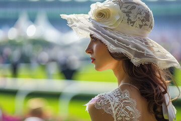 Amidst the elegant ambiance of Ascot Racecourse, a woman in a chic hat exudes sophistication and style