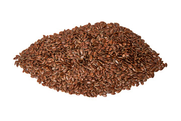 Pile of Brown flax seeds isolated on white background. Brown Flax Seed is rich in nutrients such as dietary fiber and essential fatty acids that are beneficial to the body.