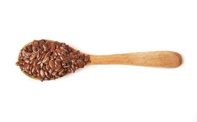 Top view of Brown flax seed on wooden spoon isolated on white background. Brown Flax Seed is rich in nutrients such as dietary fiber and essential fatty acids that are beneficial to the body.
