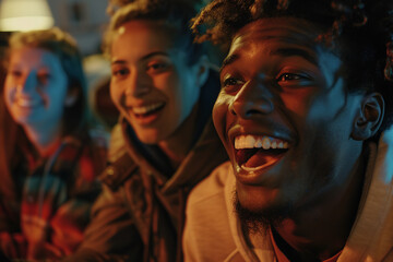 In a close-up shot, excited friends rejoice while playing a video game during an evening gathering