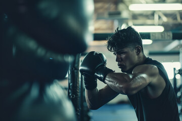 In a gym, a man wearing boxing gloves delivers powerful hits to a punching bag. His intense workout reflects his dedication to training for competition