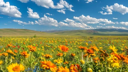 Fototapeta premium Vibrant meadow with orange and yellow wildflowers under a bright blue sky with fluffy clouds. Concept of nature, summer landscape, outdoor beauty, tranquility