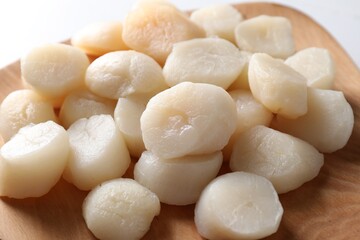 Fresh raw scallops on white table, closeup