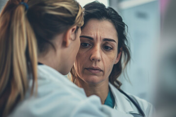 In the clinic, a female doctor is seen calming her colleague. Her reassuring presence and comforting demeanor convey empathy and support, offering solace during a moment of distress or uncertainty